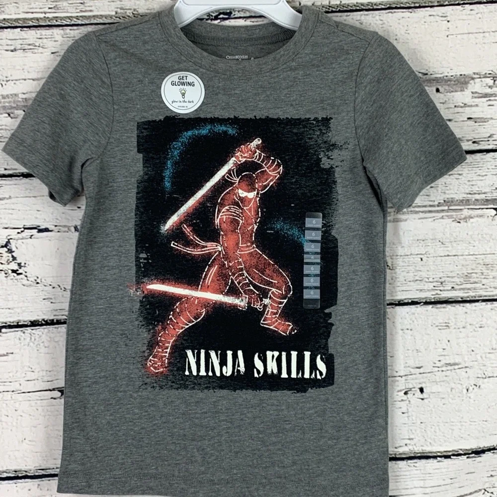 Oshkosh Boys Ninja S/S Glow in the Dark Tee T Shirt‎ Gray 🆕 [Boy's Size 6] NWT